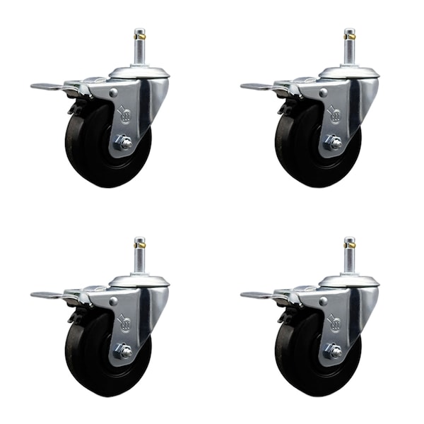 4'' Phenolic Swivel 7/16'' Grip Ring Stem Caster Set with Total Lock Brake, 4PK